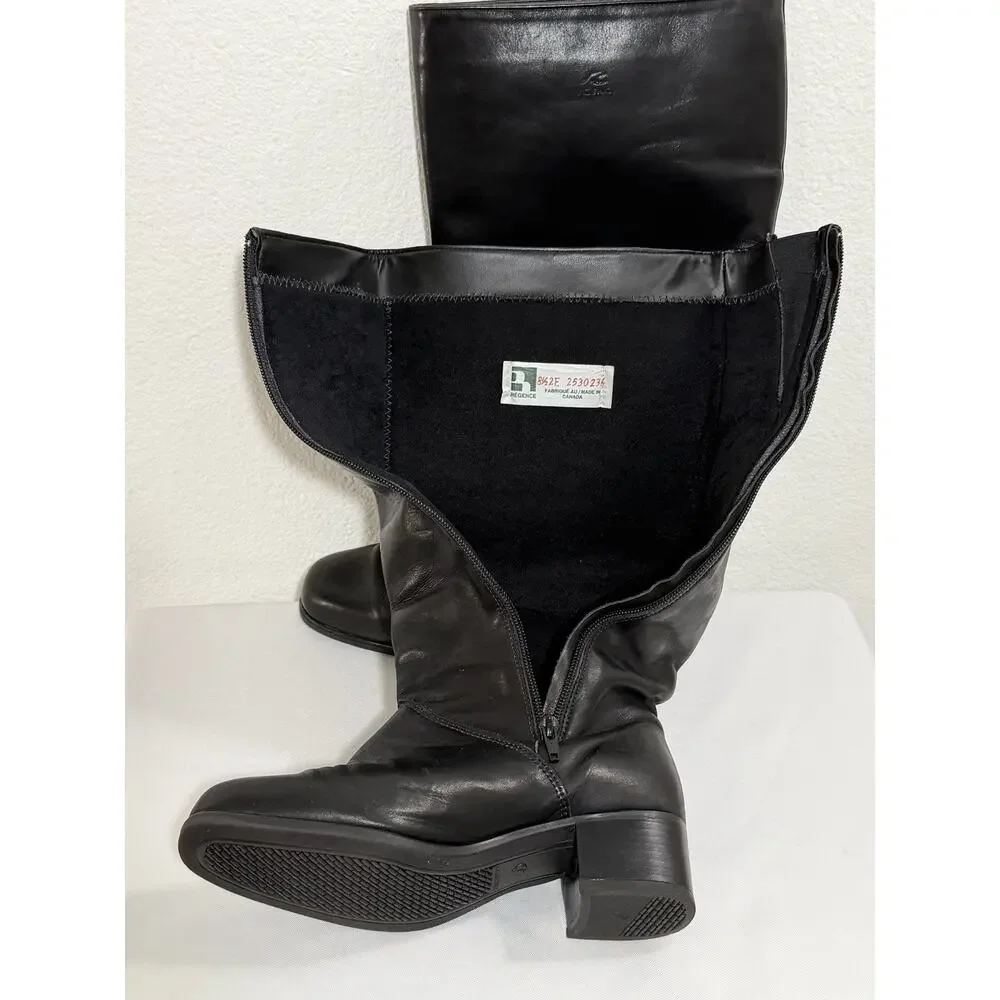 Vintage 90's Re'gence Canada Tall Winter Leather Boots Black Cozy Lined